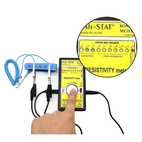 Adjustable ESD Wrist Strap With Grounding Plug And Coiled Cord Blue shown with resistivity meter for electronics assembly