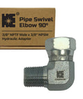 3/8 Inch NPTF Male X 3/8 Inch NPSM Pipe Swivel Elbow 90 Degree Hydraulic Adapter For Hoses And Valves Carbon Steel With Zinc Plating, shown with box