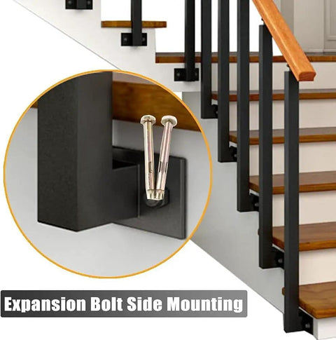 Built Tough Matte Black Wrought Iron Deck Spindles With A Rock Solid 270 Degree Adjustable Side Mount Railing Post For Easy Stair Setup Or Patio Deck Glow Up Pack Of 8 showing expansion bolt side mounting.