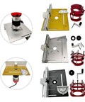 Smooth Operator Aluminum Router Table Insert Plate With Rise And Fall Base Nondistorting Milling Flip Plate and Precision Miter Gauge for Effortless Woodworking Cuts Built Like A Tank Black components displayed, showing yellow and black plates with accessories.