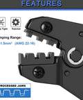 Close-up of self-adjusting wire terminal crimping tool kit with ratcheting crimper, showing processed jaws and crimp range.