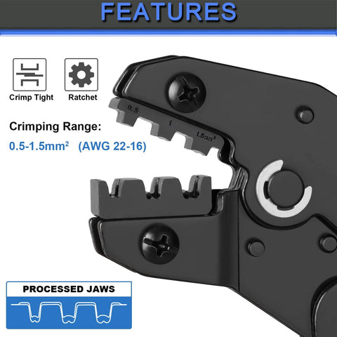 Close-up of self-adjusting wire terminal crimping tool kit with ratcheting crimper, showing processed jaws and crimp range.