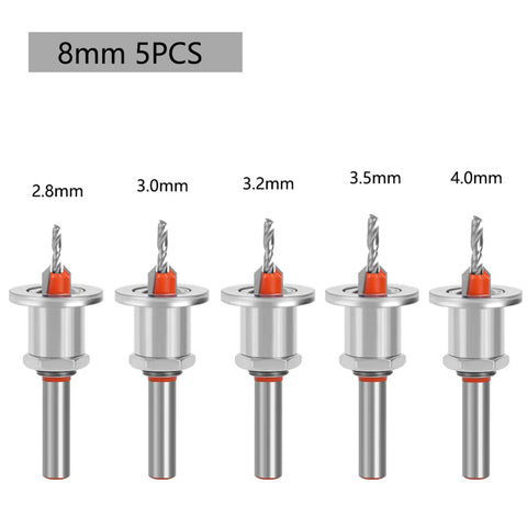 Must Have 5Pc Adjustable Depth Countersink Drill Bit Set For Woodworking Pros showing 5 bits with sizes 2.8mm to 4.0mm.