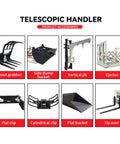 Telescopic Handler accessories including wood grabber, side dump bucket, vertical jib, and ejector for heavy duty use.