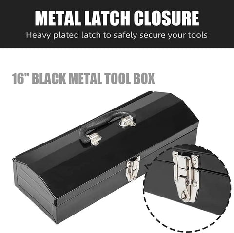 Rugged Hip Roof Portable Steel Tool Box With Metal Latch Closure, 16.7 Inch L X 6.9 Inch W X 4.9 Inch H, Black Finish, Top View
