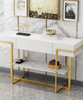 Rugged Industrial Console Table With Easy Slide Drawer And Two Tier Open Storage Shelf Designed For Cramped Hallways Apartments Or Entryways Narrow Sofa Side Table with white and gold design.