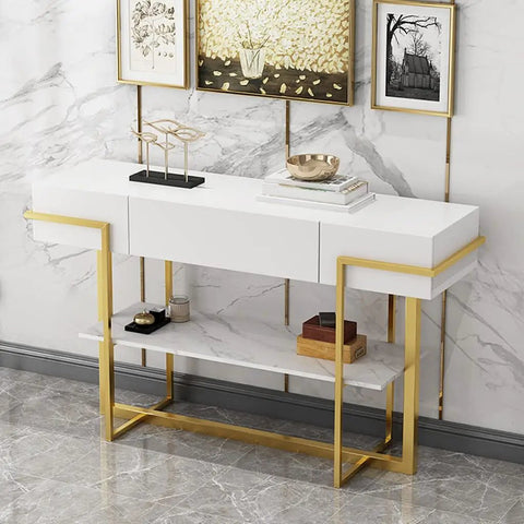 Rugged Industrial Console Table With Easy Slide Drawer And Two Tier Open Storage Shelf Designed For Cramped Hallways Apartments Or Entryways Narrow Sofa Side Table with white and gold design.