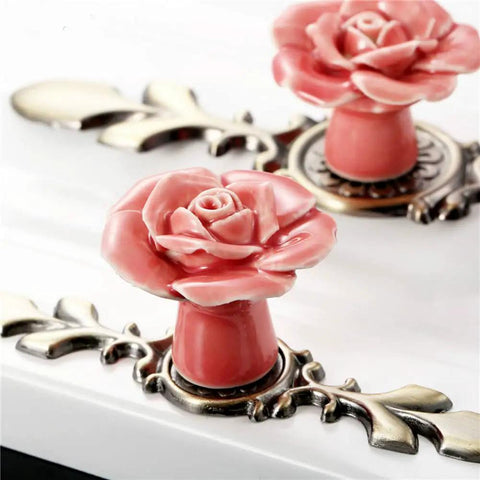 Ceramic Rose Cabinet Knobs With Bronze Backplates In Cute Pink Vintage Flower Drawer Pull Handles For Dresser Cupboard Wardrobe Includes Mounting Screws 4 Pack