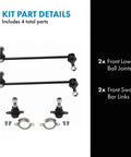 Front Suspension Kit With Ball Joints And Sway Bar Links Includes 2 Front Lower Ball Joints And 2 Sway Bar Links For A Solid Replacement That Delivers A Smoother Ride Tight Handling And Built To Last. kit parts view with 2 front lower ball joints and 2 sway bar links