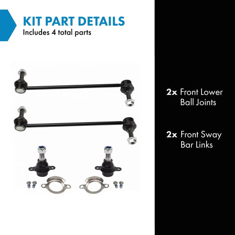Front Suspension Kit With Ball Joints And Sway Bar Links Includes 2 Front Lower Ball Joints And 2 Sway Bar Links For A Solid Replacement That Delivers A Smoother Ride Tight Handling And Built To Last. kit parts view with 2 front lower ball joints and 2 sway bar links