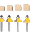 Roundover Router Bit Set Four Piece With 1/4 Inch Shank Radii 1/8 1/4 3/16 5/16 Bearing Guide shown with wood samples.
