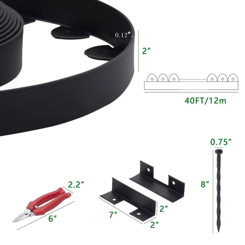 40 Foot Landscape Edging Kit With 2 Inch Tall Black Lawn Border Pro Grade Build Includes Scissors 36 Garden Spikes And 2 Connectors Heavy Duty PP And PE For Neatly Defined Gardens Lawns And Landscaping components size illustration
