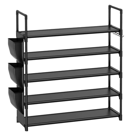 5 Tier Shoe Rack With Hook And Side Pocket, Space Saving Shoe Organizer Holds 20 To 25 Pairs, Sturdy Free Standing Shoe Shelf
