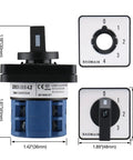 20A 660V Cam Changeover Switch With 5 Position Rotary Selector, 8 Terminals, SZW26-20/0-4.2, front and dimensions view