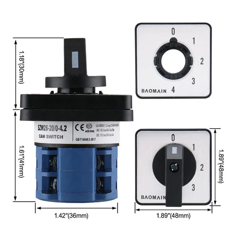 20A 660V Cam Changeover Switch With 5 Position Rotary Selector, 8 Terminals, SZW26-20/0-4.2, front and dimensions view