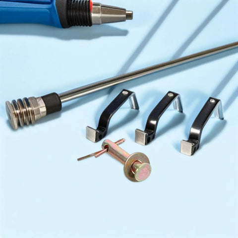 Heavy Duty Metal Shear Pins With Locking Mechanism For Ceiling Fan Pulley And Receiver Trailer Hitches on a blue background.