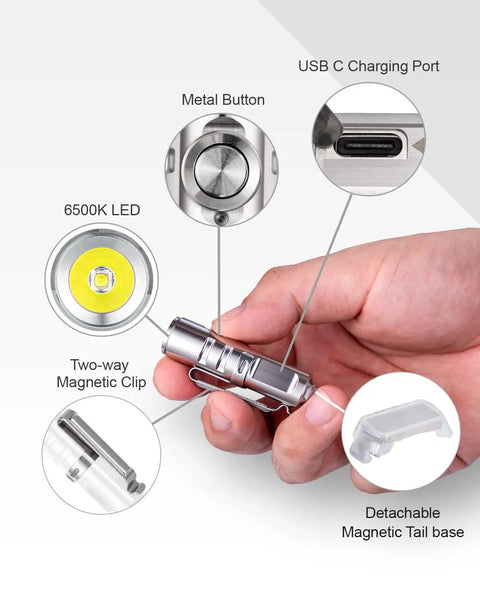 650 Lumens USB Rechargeable Keychain Flashlight Ultra Bright Mini EDC Light with metal button and magnetic clip.