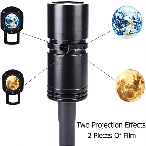 Earth And Moon Projector Lamp With USB Charging, Bendable Stand, shows Earth and Moon projection effects with two film pieces.