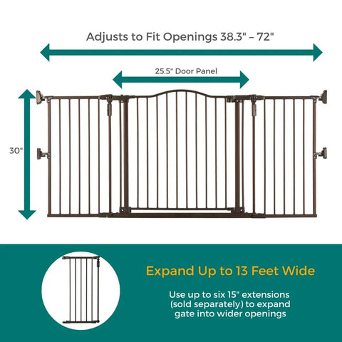 Extra Wide Windsor Arch Walk-Through Pet Gate 38.3 To 72 Inches Wide, 30 Inches Tall, Matte Bronze, hardware mounted