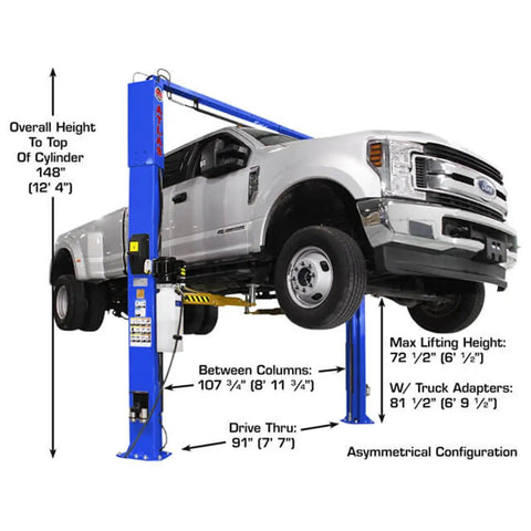 Pro Shop Workhorse Two Post Vehicle Overhead Lift Featuring Double S Shape Columns and Smooth Power Pump for Auto Techs with vehicle raised.