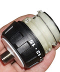 Close-up of Beefy Double Speed Planetary Gear Drill Reducer With Metal Gears And Torque Adjustment in hand, showing its build details.