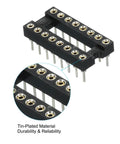 Dual Row 2.54mm Pitch DIP IC Socket Connector, 16 Pins With Round Solder Pins, black plastic body, close-up view