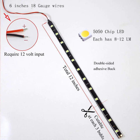 12V Waterproof LED Underbody Light Strip Kit 1 Ft Length 12 LEDs Per Strip Self Adhesive 6 Inch Lead Wires White Light Pack Of 6