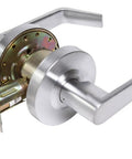 Commercial Duty Passage Lever Satin Chrome Fits One And Three Quarter Inch Doors With Two And Three Quarter Inch Backset Latch And Standard Two And One Eighth Inch Prep Heavy Duty Grade Two Lever With Removable Through Bolt And Square Corner Fit, angled view