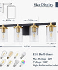 Diagram of 4 Light Modern Vanity Light Fixtures For Bathroom In Matte Black And Brushed Gold With Clear Glass Shades