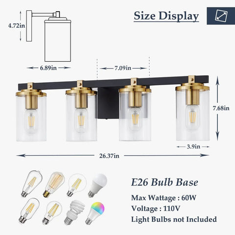 Diagram of 4 Light Modern Vanity Light Fixtures For Bathroom In Matte Black And Brushed Gold With Clear Glass Shades