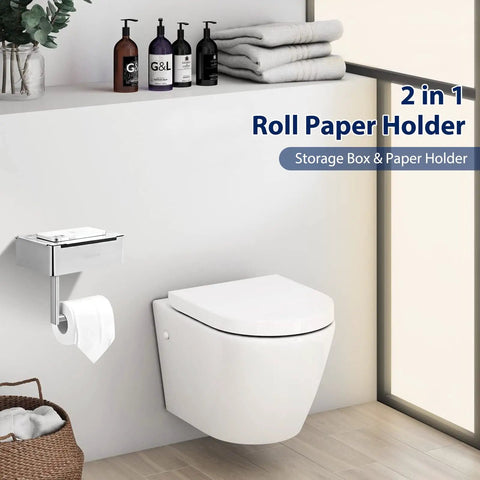 Two Pack Stainless Steel Toilet Paper Holder With Built In Shelf For Mega Rolls Up To 6 Inch Diameter Wall Mount Bathroom Organizer With Hidden Wet Wipe Dispenser Silver Finish Easy Reach Storage Saver mounted near toilet