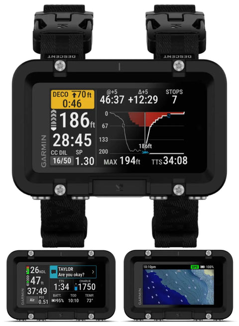 Descent X50i Premium Dive Computer Bundle with 3 Inch Color Touchscreen displaying depth charts and data.