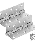 Two heavy-duty stainless steel door hinges with ball bearings for exterior use; includes mounting screws.