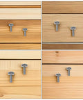 Four M6x20 nickel plated crown head rack screws for server racks and network switches on wood background