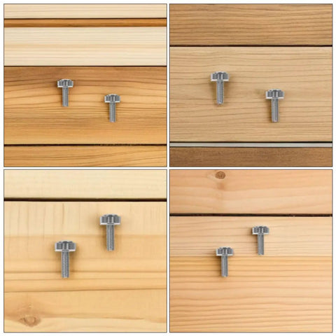 Four M6x20 nickel plated crown head rack screws for server racks and network switches on wood background