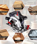 Pro Move Cordless Circular Saw Featuring Brushless Motor And 7 Inch Blade Chugging At 5600 Rpm on a workbench with materials like wood and plywood.