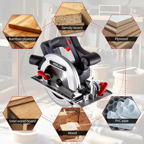 Pro Move Cordless Circular Saw Featuring Brushless Motor And 7 Inch Blade Chugging At 5600 Rpm on a workbench with materials like wood and plywood.