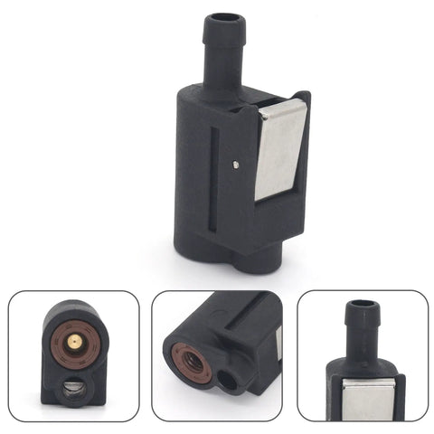 Five Sixteenth Inch Quick Disconnect Fuel Line Connector For Boat Tank Side, Built To Fit Mercury Mariner Outboard Motors, Replacement Part 13563Q7 13563A7 22-13563Q7 22-13563A7, black with metal clip and multiple angles shown