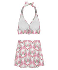 Two Piece Swimsuit Set For Women With Short Skirt Green Leaves And Pink Flamingo Floral Print Quick Dry Beachwear
