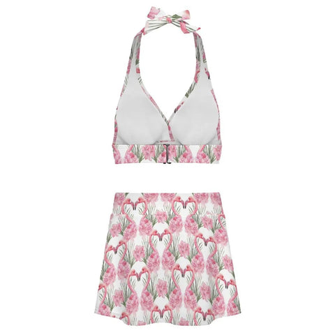 Two Piece Swimsuit Set For Women With Short Skirt Green Leaves And Pink Flamingo Floral Print Quick Dry Beachwear