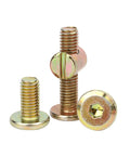 Kickstart Your Next Build With These Heavy Duty Furniture Screw And Nut Sets Featuring Horizontal Hole Hammer Nuts For Solid Wood Board Assembly Includes M6 Cross Dowel Connectors And Forty Total Pieces For Reliable Knock Together Success, showing golden M6 screws with flat heads.