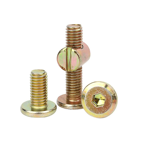 Kickstart Your Next Build With These Heavy Duty Furniture Screw And Nut Sets Featuring Horizontal Hole Hammer Nuts For Solid Wood Board Assembly Includes M6 Cross Dowel Connectors And Forty Total Pieces For Reliable Knock Together Success, showing golden M6 screws with flat heads.