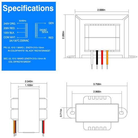 Technical diagram of 24V 50VA Control Transformer For HVAC Furnaces With Isolation Multi Tap Primary 120V 208V 240V And 24V Secondary