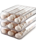 Auto Rolling Egg Holder For Fridge With Lid 3 Layer Clear Plastic Egg Dispenser And Organizer Stackable Tray System