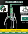 Rugged 20 Ton Hydraulic Puller Kit With 3 In One Pump Tube And Adjustable Jaw Bearing Splitter For Heavy Duty Hub And Pulley Extraction Workhorse Includes Sweet Carry Case, featuring a green hydraulic puller with adjustable arms.