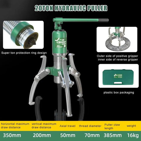 Rugged 20 Ton Hydraulic Puller Kit With 3 In One Pump Tube And Adjustable Jaw Bearing Splitter For Heavy Duty Hub And Pulley Extraction Workhorse Includes Sweet Carry Case, featuring a green hydraulic puller with adjustable arms.