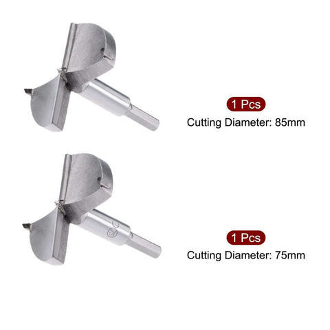 Two-piece Forstner drill bit set, 75mm and 85mm cutting diameters, tungsten carbide, gray