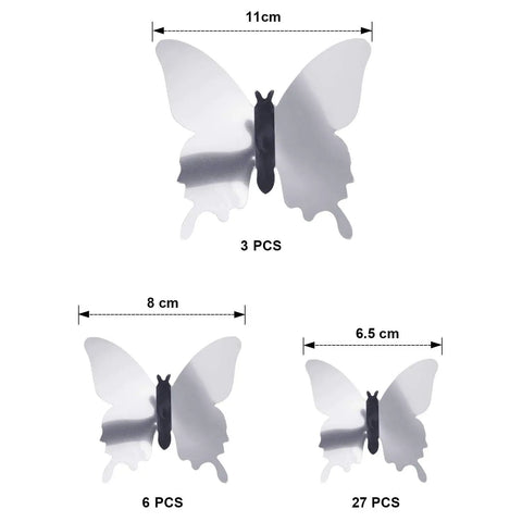3D Mirror Butterfly Wall Decor Kit With 48 Removable Stickers In Silver Finish Large 11 Cm Medium 8 Cm Small 6.5 Cm