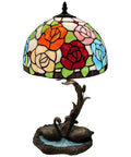 Rose Flowers Tiffany Style Stained Glass Table Lamp With Swan Mosaic Base For Bedside Or Living Room 21 Inches Tall Handmade Classic