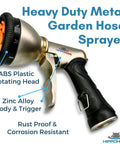 Heavy Duty Metal Garden Hose Nozzle Featuring Nine Versatile Spray Patterns For Outdoor Yard Irrigation Rust Resistant Drip Free Design Fits Standard Hoses Like A Cinch Today with ABS plastic head and zinc alloy body.